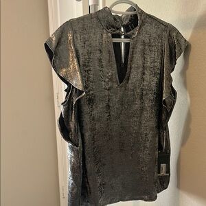 Worthington Black Blouse with Mandarin Collar and Cuffed Cap Sleeves